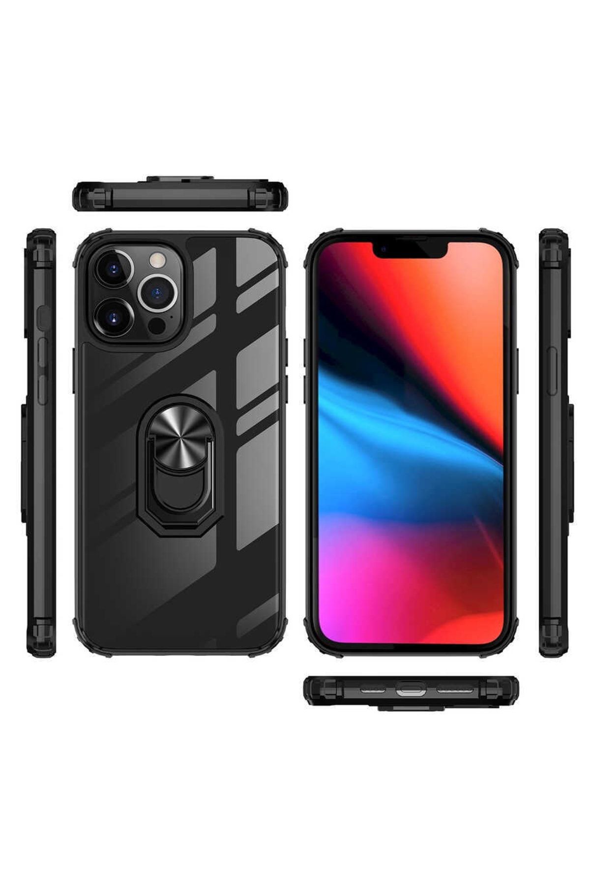 Apple Iphone 13 Pro Max Için Yüzüklü Standlı Manyetikli Mola Sert Silikon Kapak Siyah