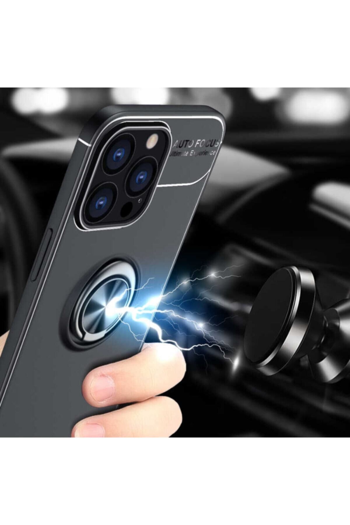 Apple iPhone 13 Pro Max için Yüzüklü Manyetik Ravel Silikon Kapak Siyah - Rose Gold
