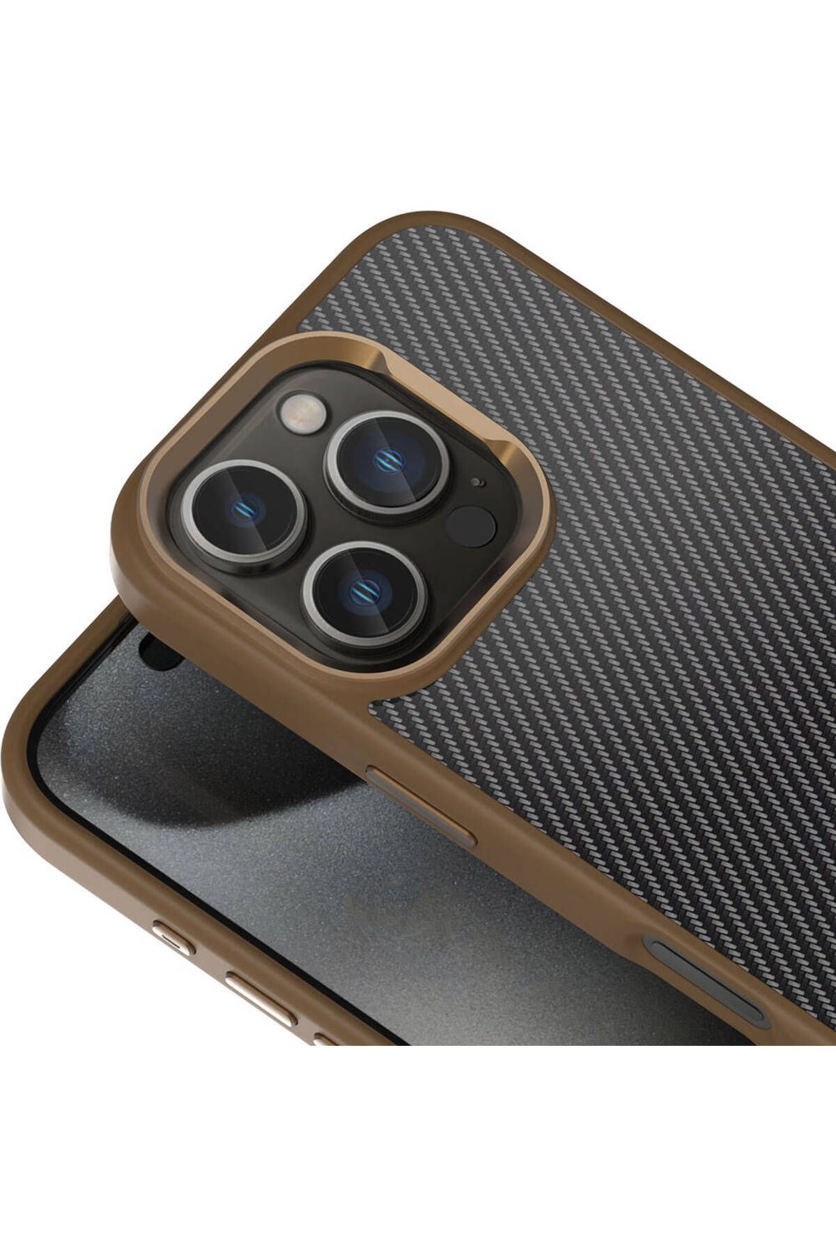Apple iPhone 16 Pro Uyumlu Karbon Görünümlü Sert Silikon Venus Kapak Kahverengi