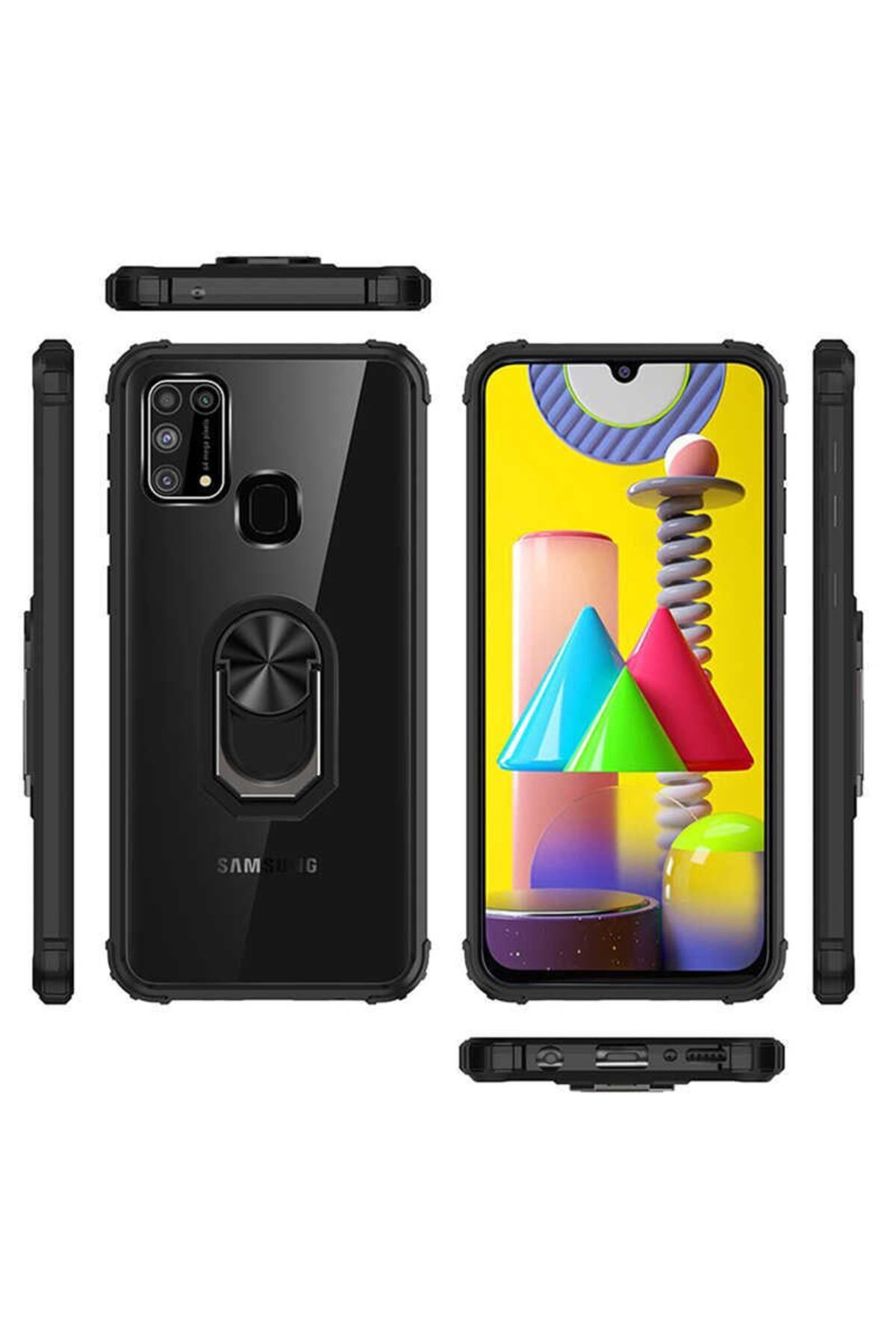 Galaxy M31 için Yüzüklü Standlı Mola Sert Silikon Kapak Lacivert