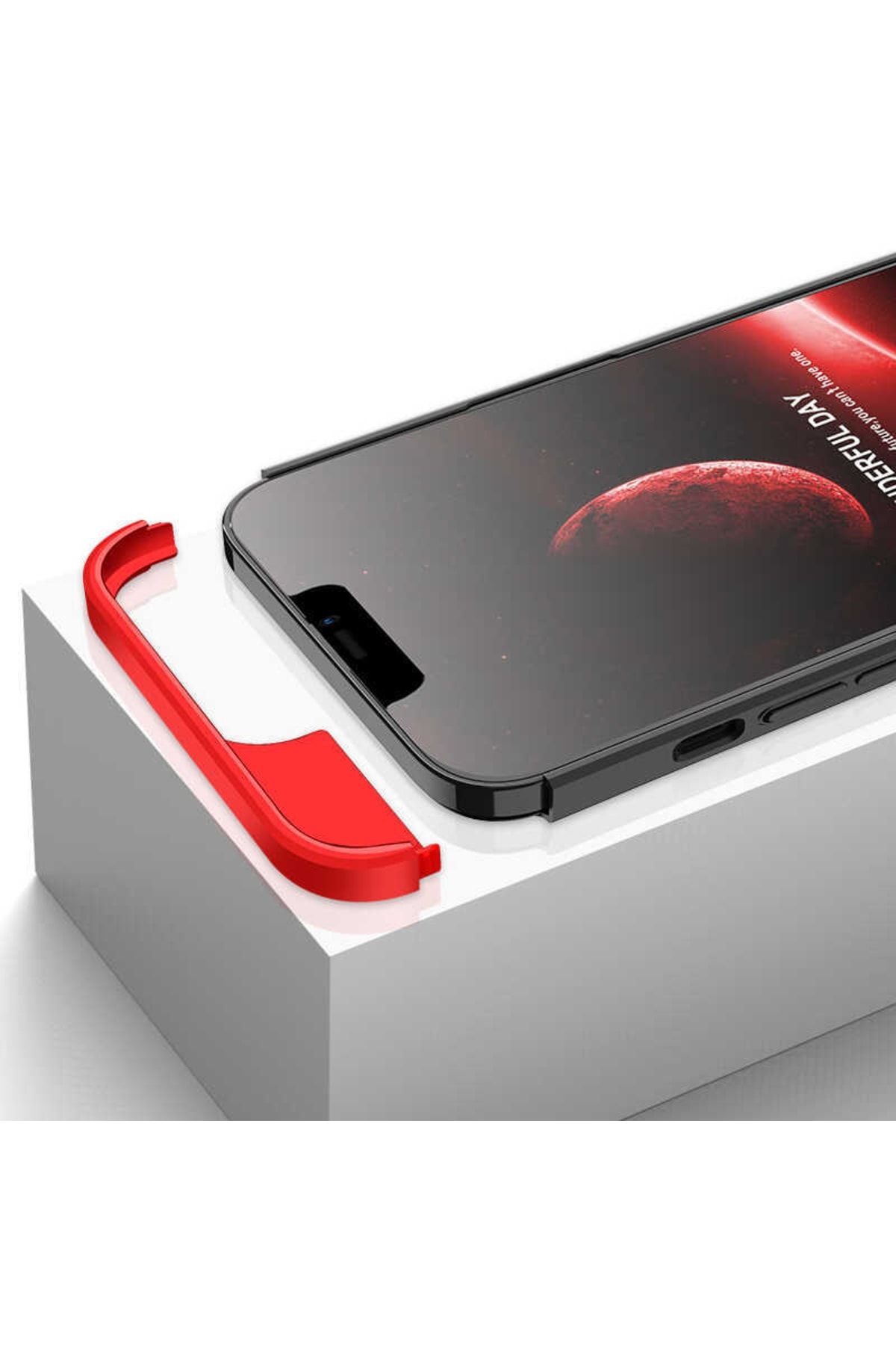 Iphone 13 Uyumlu 3 Parçalı Ays Sert Silikon Kapak Siyah-kırmızı